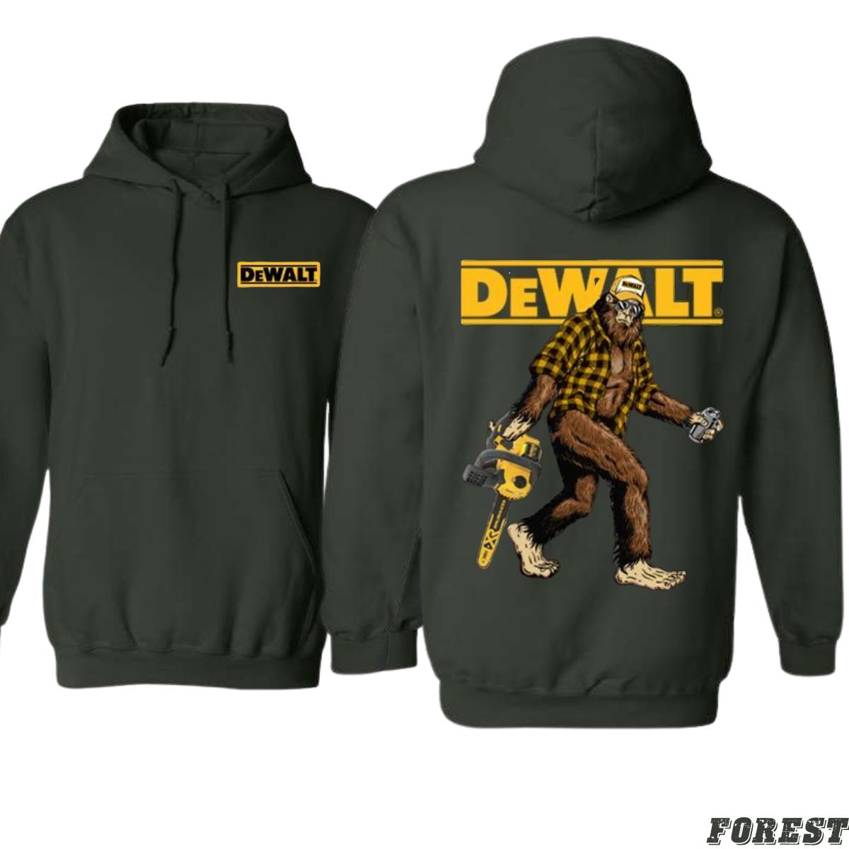 DeWalt Hoodie – Featuring Bold DeWalt Logo and Fun Sasquatch Graphic, Ideal for DeWalt Fans and Outdoor Workers, Comfortable and Durable Hoodie for Casual and Construction Wear.