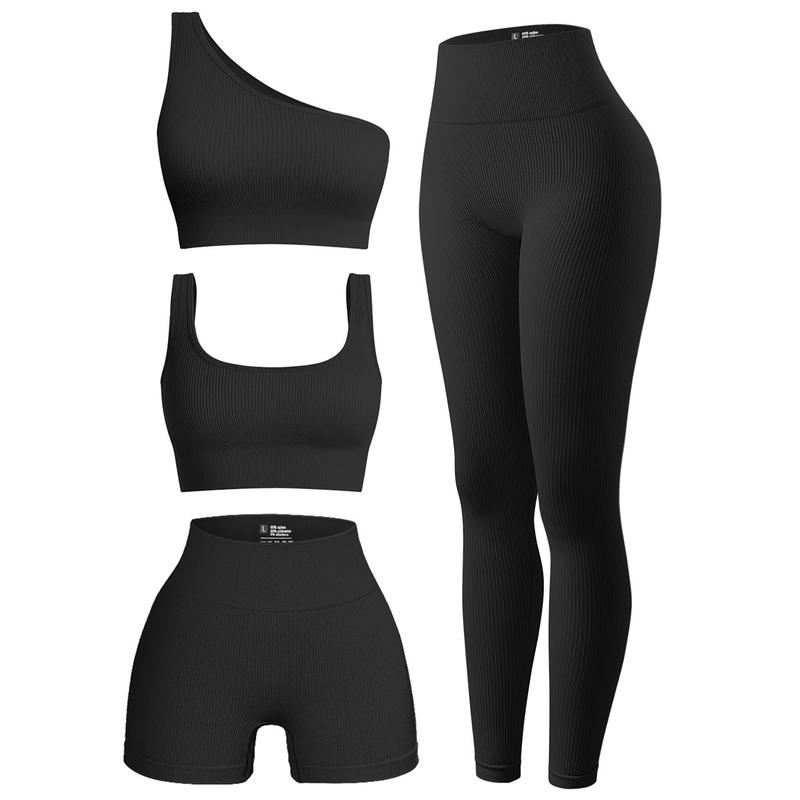 OQQ Women's 4 Piece Outfits Ribbed Exercise Scoop Neck Sports Bra One  Shoulder Tops High Waist Shorts Leggings Active Set