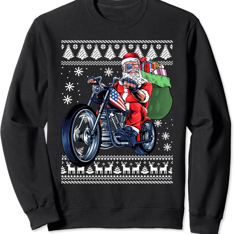 TikTok Shop Santa Claus With Motorcycle Xmas Tree Ugly Christmas Sweater Sweatshirt B0BHZVZY5D