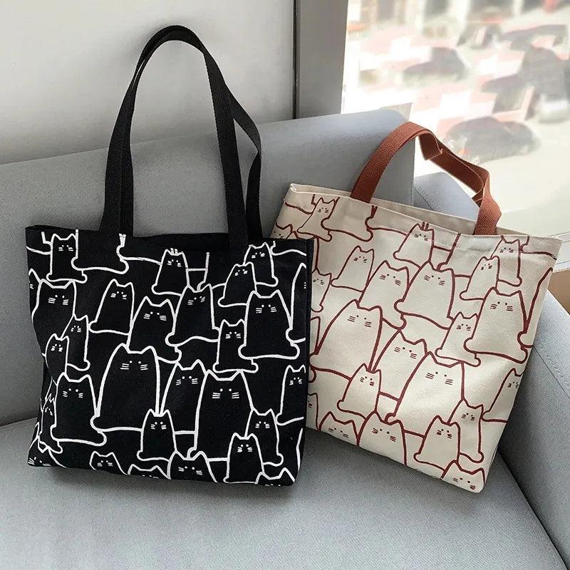 TikTok Shop Canvas Bags Handbag for Women Shopper Cute Cat Tote Bag with Zipper Designer Bag Japanese Style Cartoon Small Shoulder