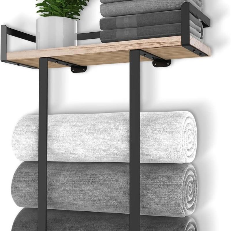 TikTok Shop Metal Towel Racks for Bathroom Wall Mounted Holder with Wooden Shelf for Folding Large Towels for Bathroom Organizer Decor or RV Camping