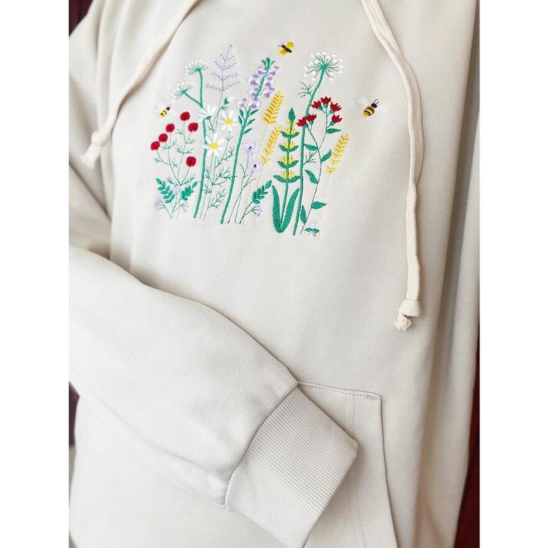 TikTok Shop Wildflower With Honey Bee Embroidered Sweatshirt Flower With Bee Embroidered Hoodie Honey Bee T shirt Flower Crew Neck Sweatshirt