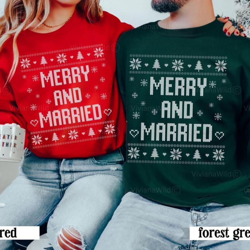 TikTok Shop Ugly Christmas Sweater Couple Merry and Married Our First Christmas Married Christmas Bride Couples Matching Christmas Sweater Party