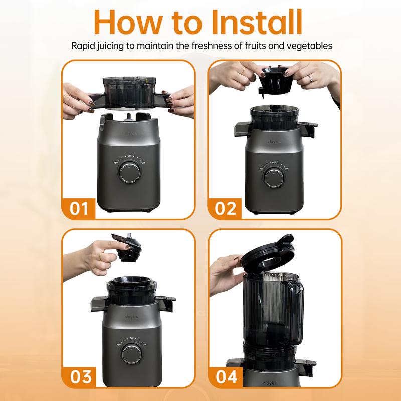 Product Introduction of Olayks Slow Masticating Juicer, Juice and Pulp Separator, Automatic Cold Press Juicer for Home, Large Chute Fruit Juice Extractor, Easy to Clean, gift 7