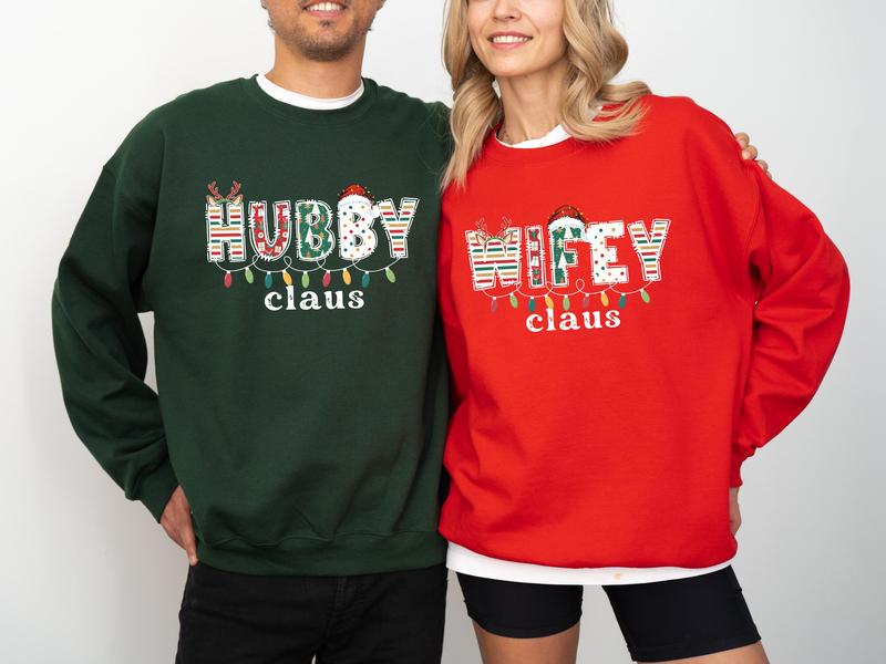 Christmas Couple Sweatshirt New Year Gifts Wifey Hubby Xmas Sweatshirts Santa Claus Newlywed C