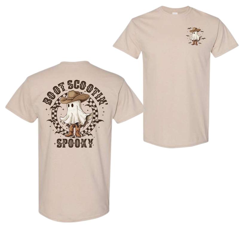 TikTok Shop: Boot Scoot Spooky 2 Sided T-Shirt, Cowboy Ghost Shirt For Men  And Women, Trendy Halloween Shirt Sweatshirt, Hoodie, Comfort Colors