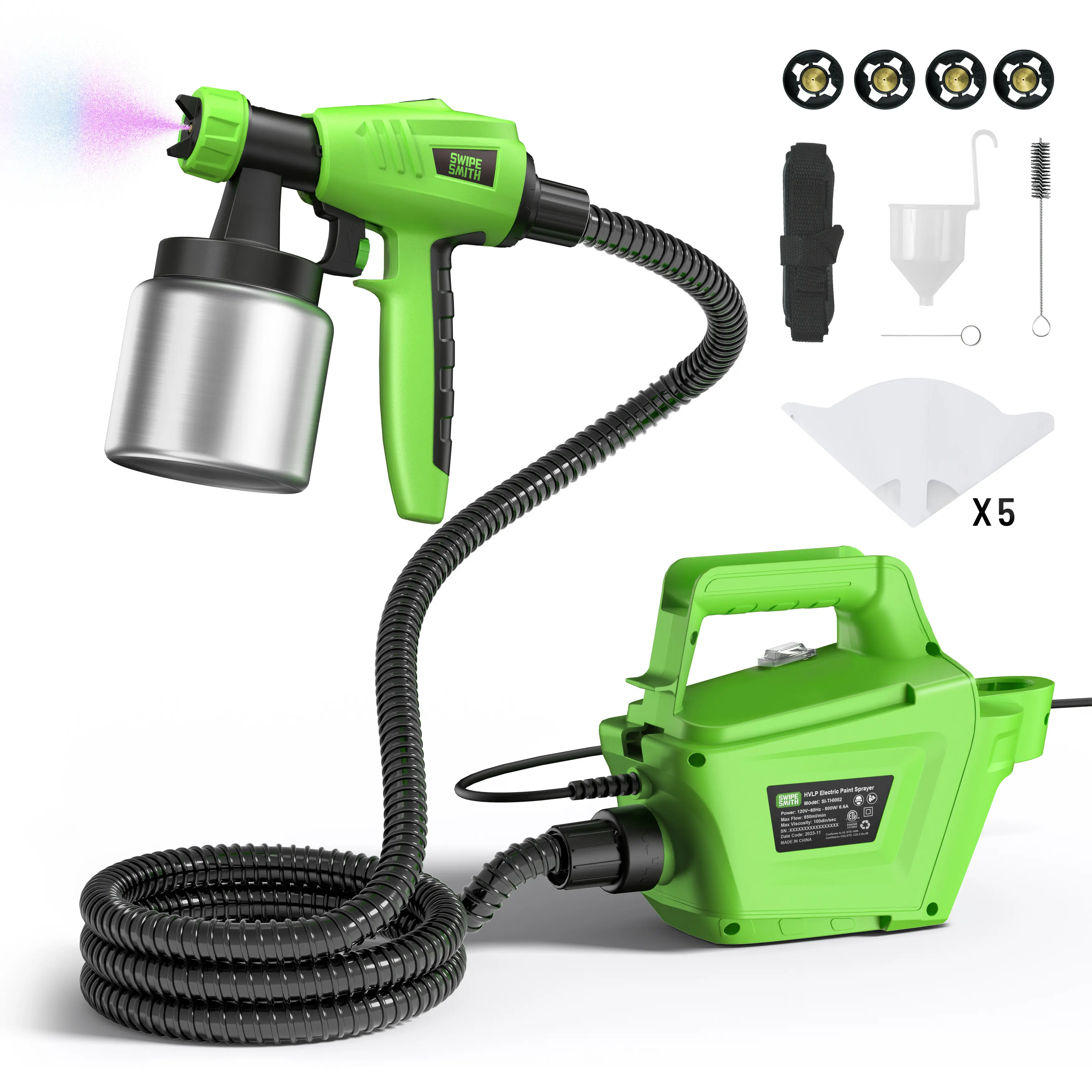 HVLP Electric Paint Sprayer, SWIPESMITH 800W Paint Sprayer Gun with Stainless Steel Paint Bottle & 4 Copper Nozzles for House Interior and Exterior, Furniture, Fence, Walls, DIY Works, Ceiling