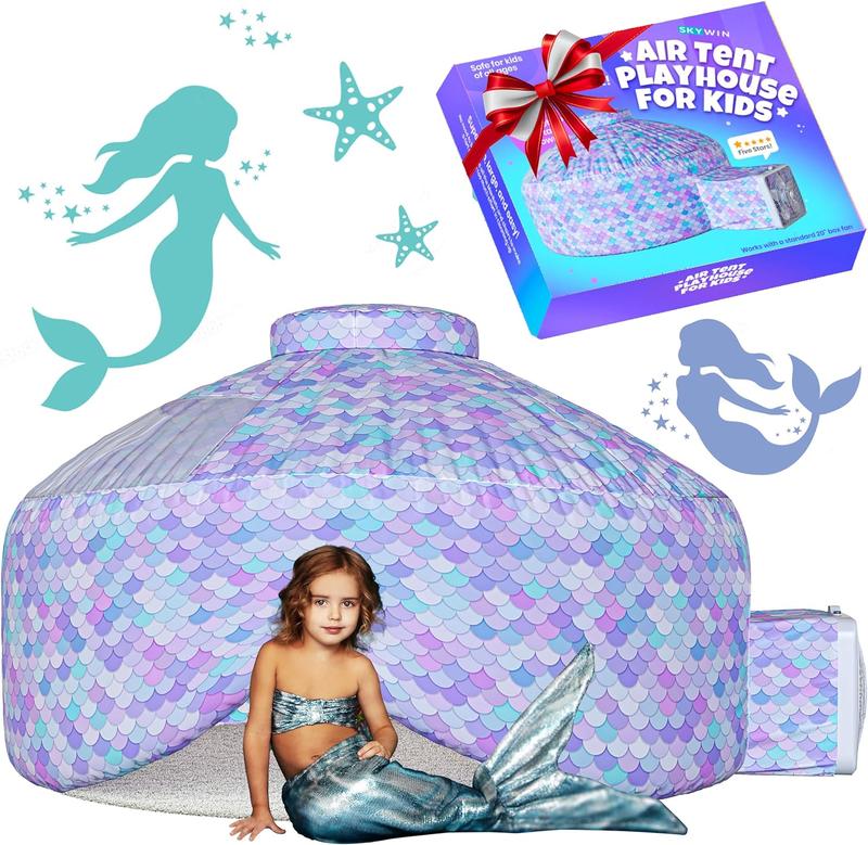 TikTok Shop SKYWIN Air tent kids fort playhouse fan tent mermaid Inflatable fort sets up and stores away in seconds fan not Included outdoor toys baby