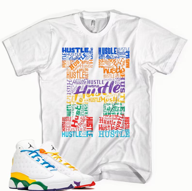 TikTok Shop White T Shirt HUSTLE Made to Match Jordan Retro 13 Playground