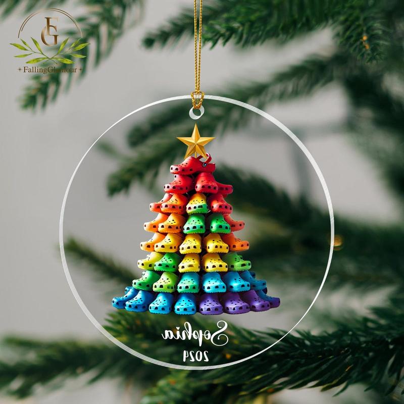 TikTok Shop Personalized Crocin Around The Christmas Tree 2D FLAT Crocs Stack Tree Acrylic Ornament Christmas Gift Funny Ornament Crocs Lover Gift