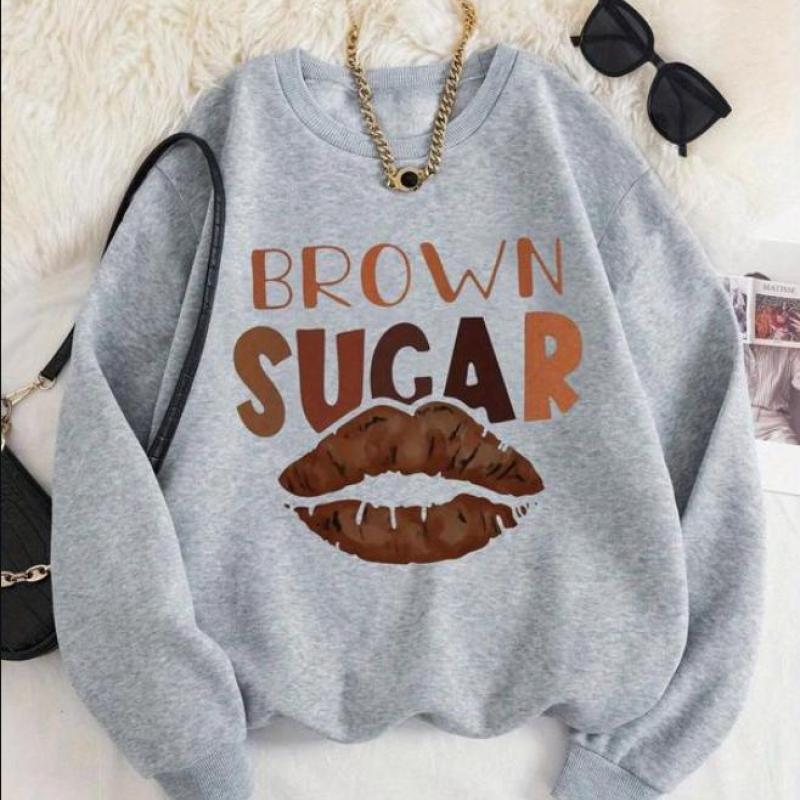 TikTok Shop Womens BROWN SUGAR Letter Lip Print Crew Neck Sweatshirt Hoodie Tshirt