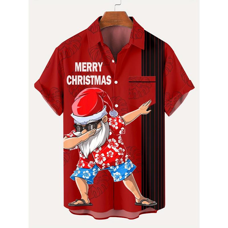 TikTok Shop Men s Christmas Santa Elk Plaid Print Short Sleeved Shirt Soft Polyester Casual Collar Button Up Summer Fashion Adult Size H Fit Woven Fabric A