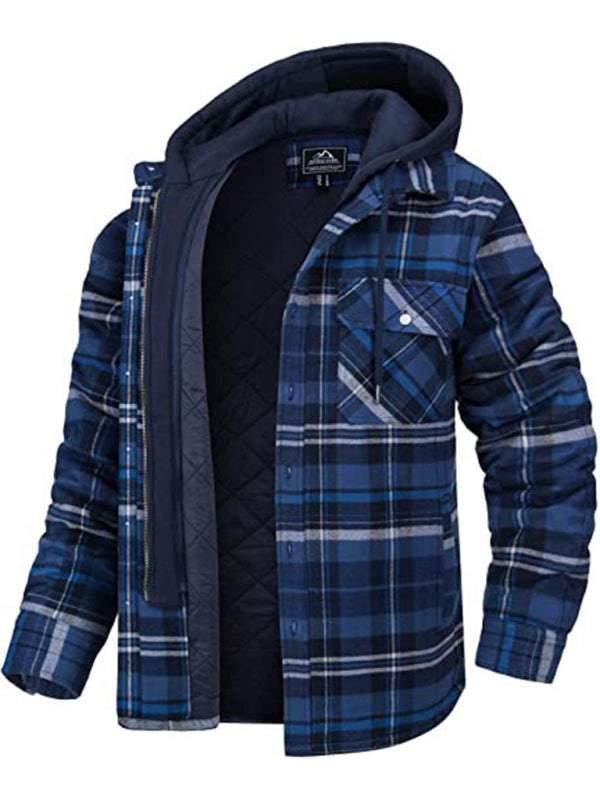 TikTok Shop Men casual Thickened Padded Plaid Long Sleeve Loose Hooded Jacket